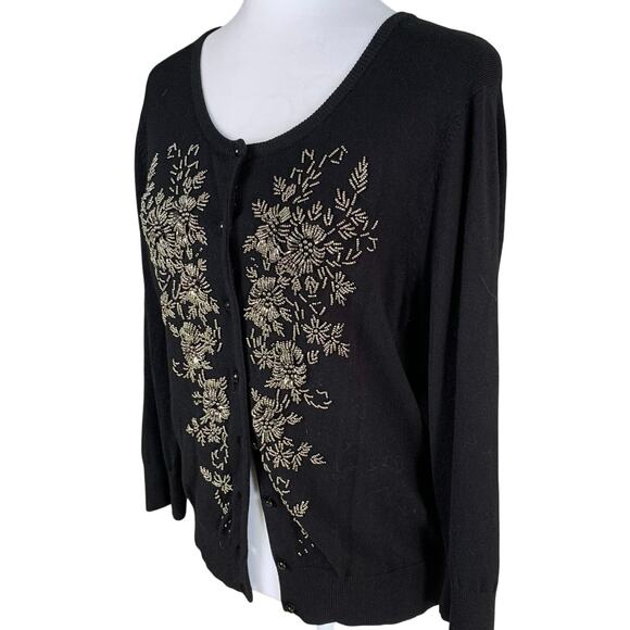 Vintage Cable Gauge Size L Hand Beaded Cardigan Sweater Black Button Front Knit - Picture 1 of 12